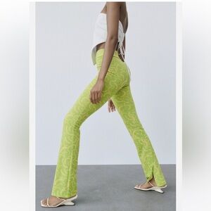 Zara Green Yellow Flared Jacquard Pull On Pant